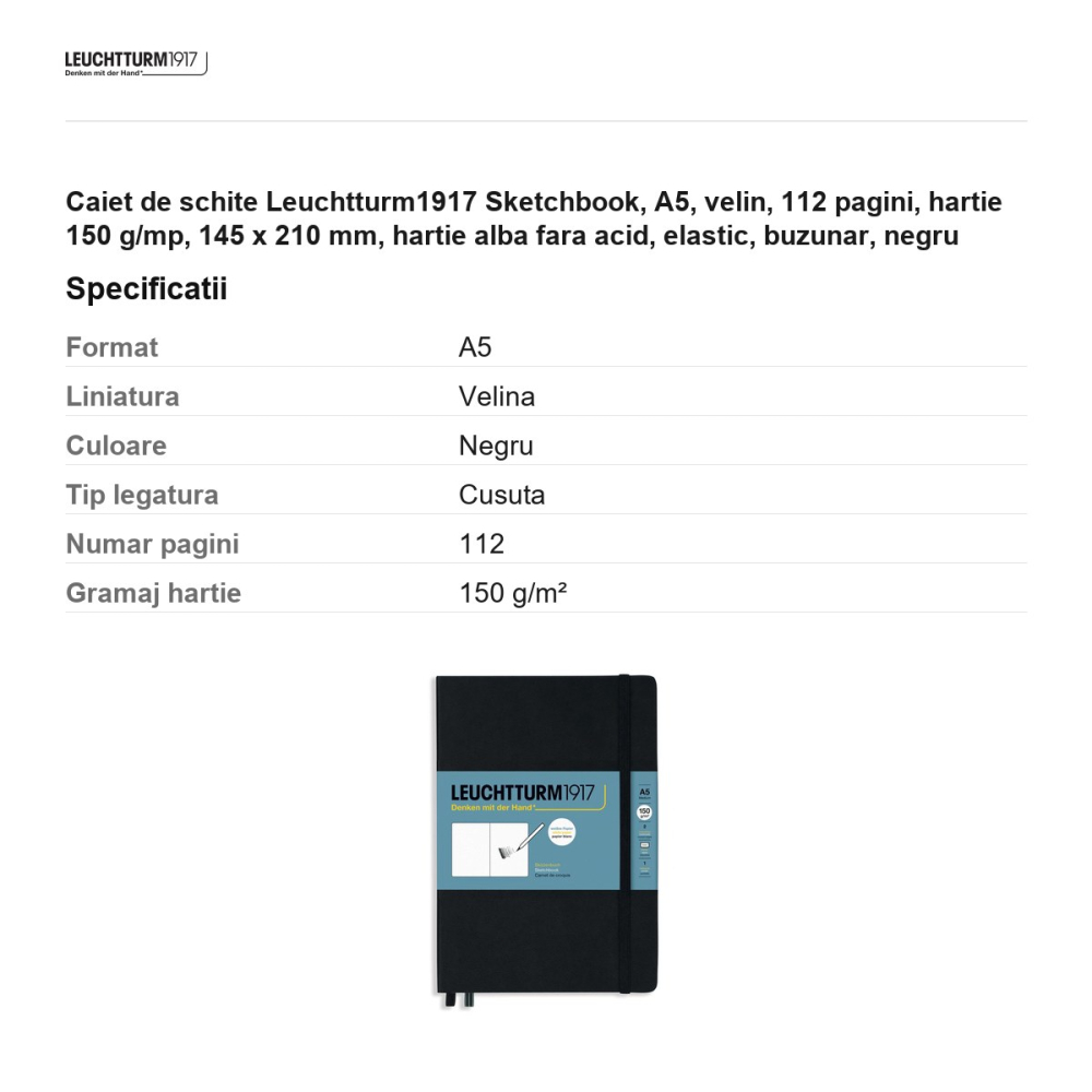 Caiet de schite Leuchtturm1917 Sketchbook, A5, velin, 112 pagini, hartie 150 g/mp, 145 x 210 mm, hartie alba fara acid, elastic, buzunar, negru [3]