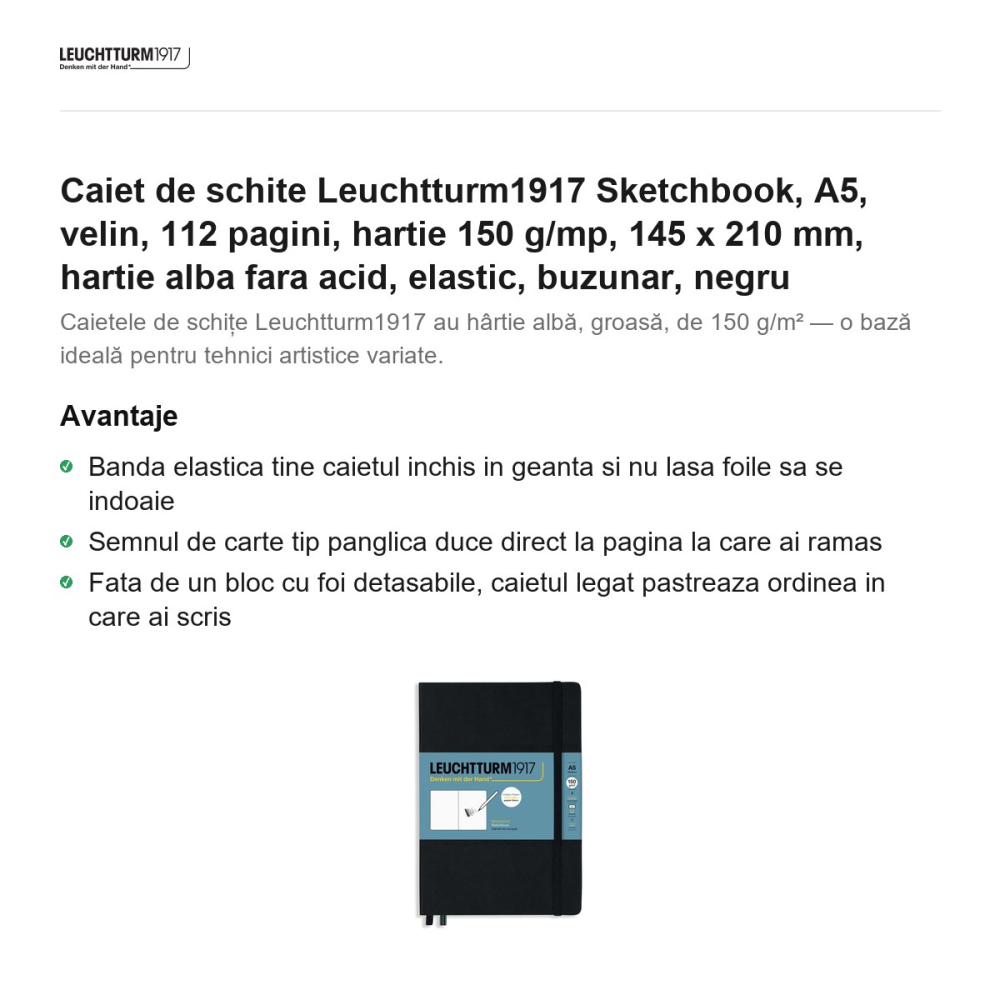 Caiet de schite Leuchtturm1917 Sketchbook, A5, velin, 112 pagini, hartie 150 g/mp, 145 x 210 mm, hartie alba fara acid, elastic, buzunar, negru [2]