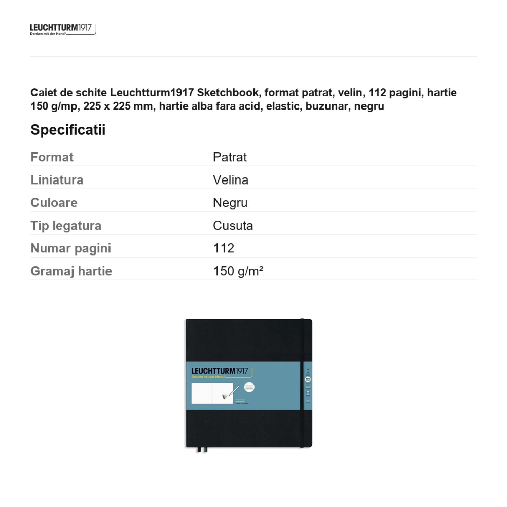 Caiet de schite Leuchtturm1917 Sketchbook, format patrat, velin, 112 pagini, hartie 150 g/mp, 225 x 225 mm, hartie alba fara acid, elastic, buzunar, negru [3]