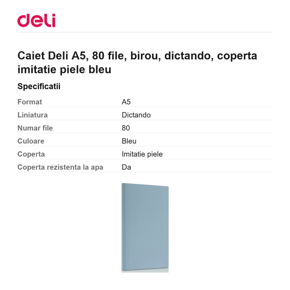 Caiet Deli A5, 80 file, birou, dictando, coperta imitatie piele bleu [3]