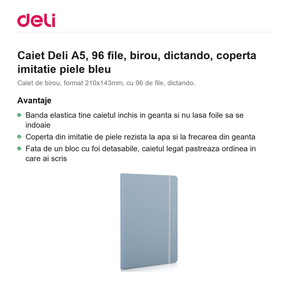 Caiet Deli A5, 96 file, birou, dictando, coperta imitatie piele bleu [2]
