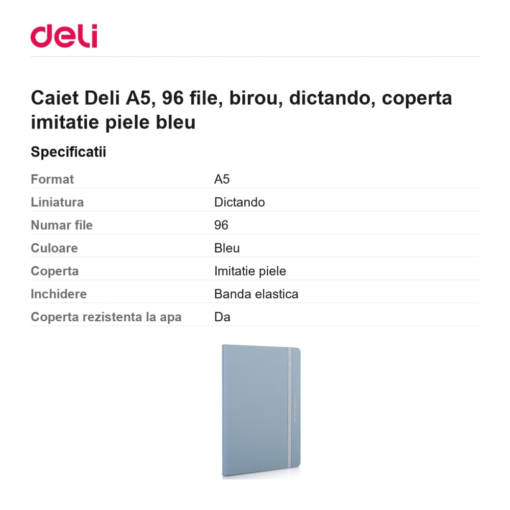 Caiet Deli A5, 96 file, birou, dictando, coperta imitatie piele bleu [3]