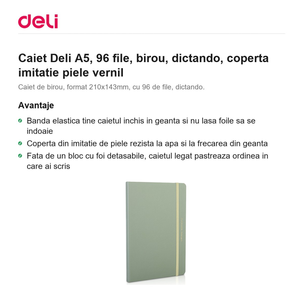 Caiet Deli A5, 96 file, birou, dictando, coperta imitatie piele vernil [2]