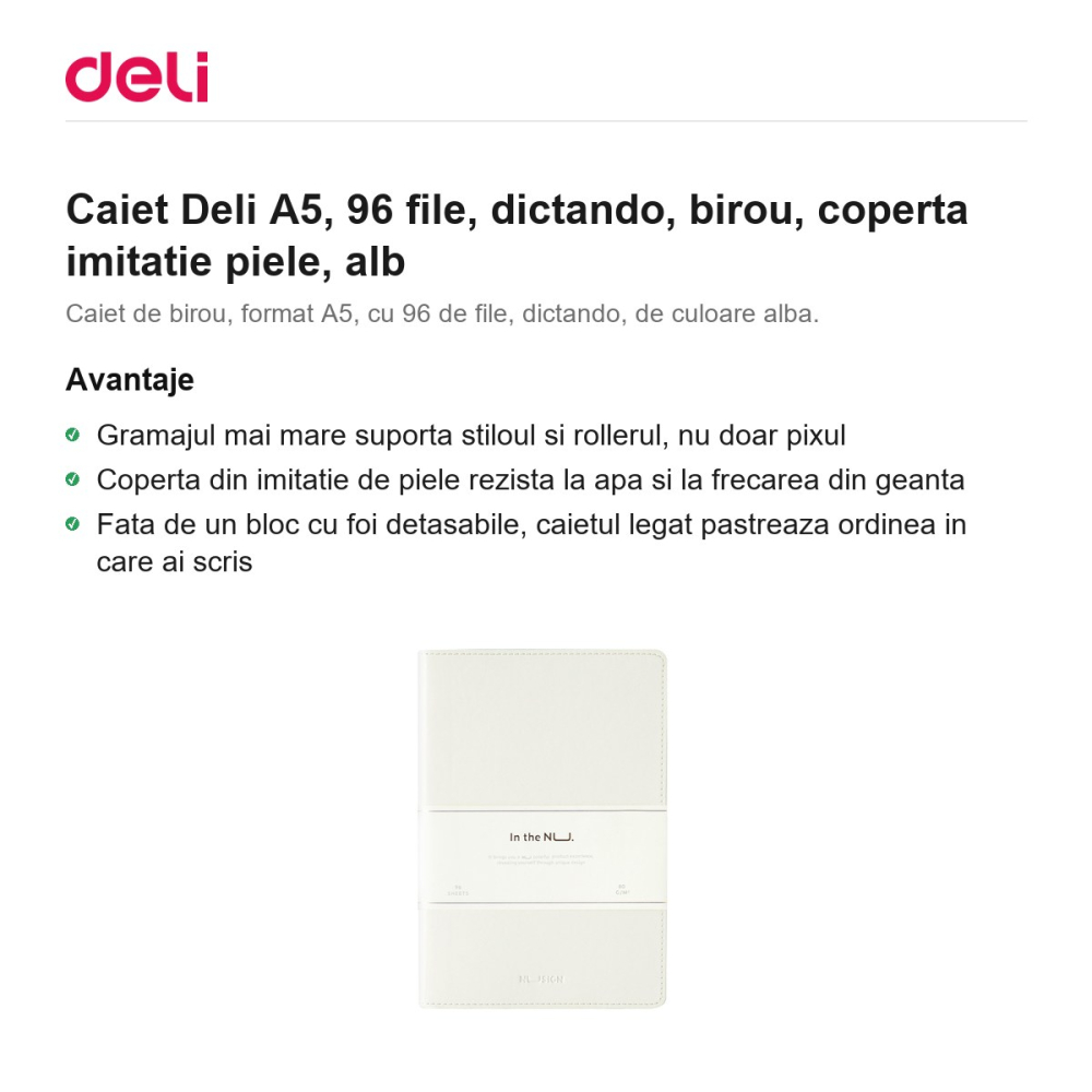 Caiet Deli A5, 96 file, dictando, birou, coperta imitatie piele, alb [2]