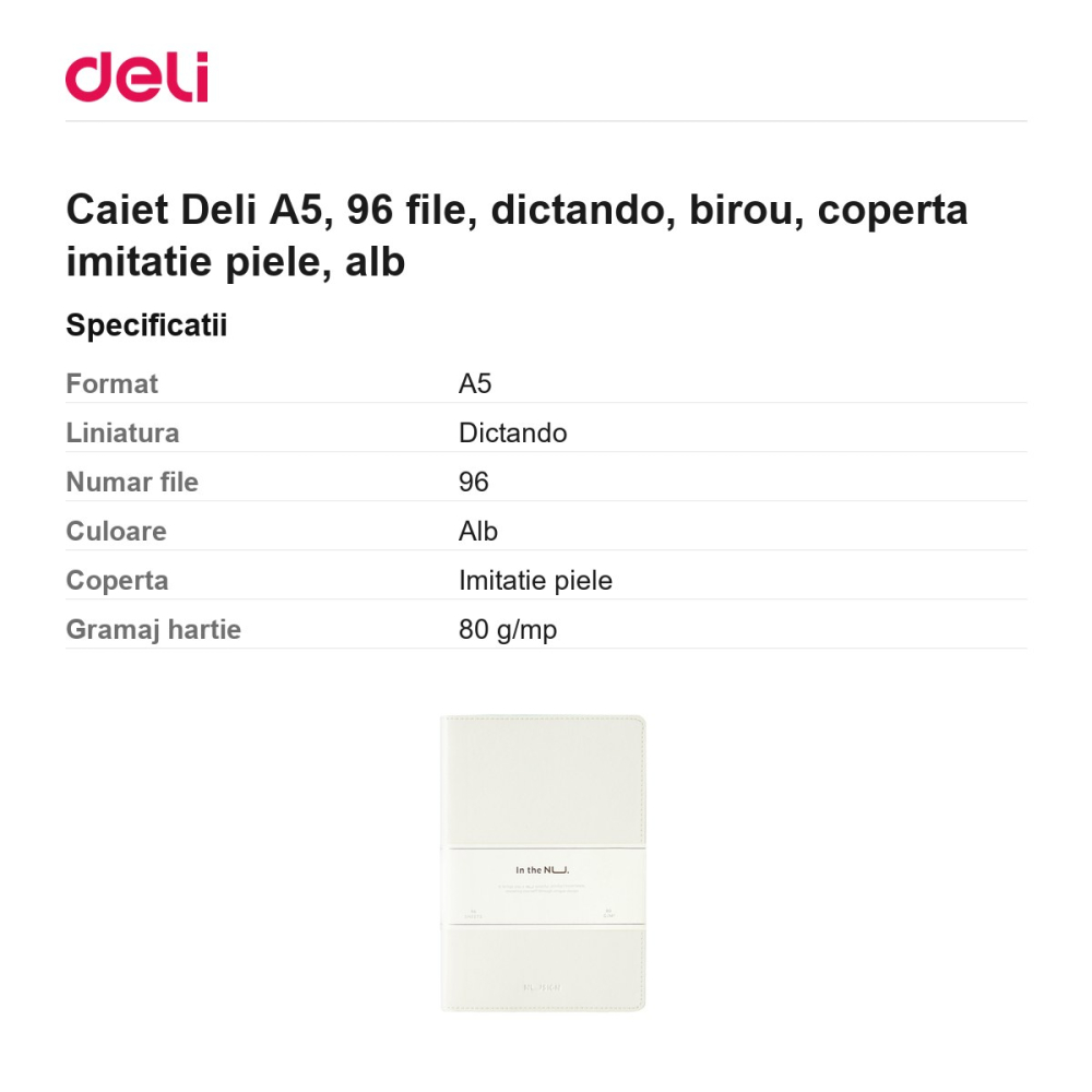 Caiet Deli A5, 96 file, dictando, birou, coperta imitatie piele, alb [3]