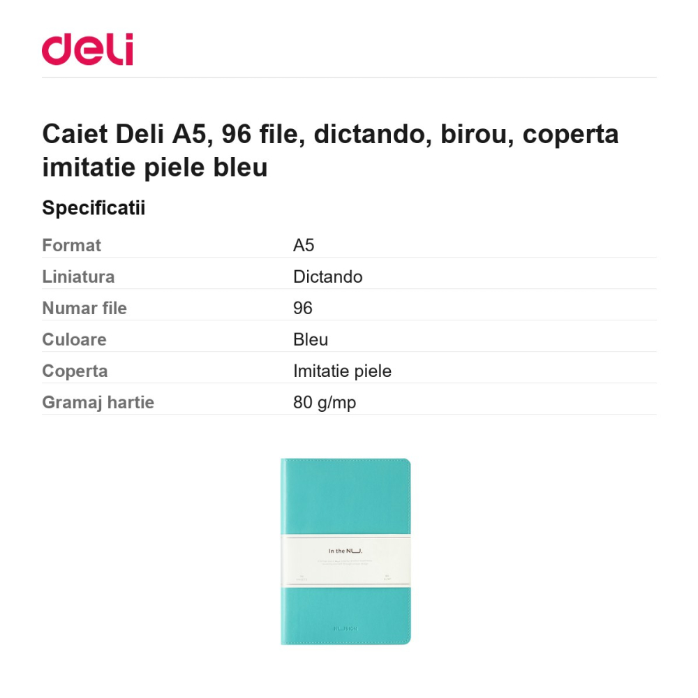 Caiet Deli A5, 96 file, dictando, birou, coperta imitatie piele bleu [3]