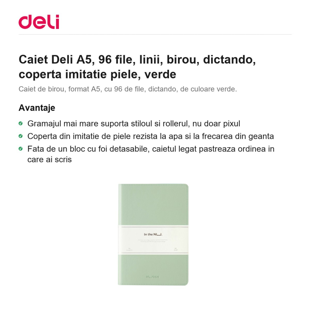 Caiet Deli A5, 96 file, linii, birou, dictando, coperta imitatie piele, verde [2]