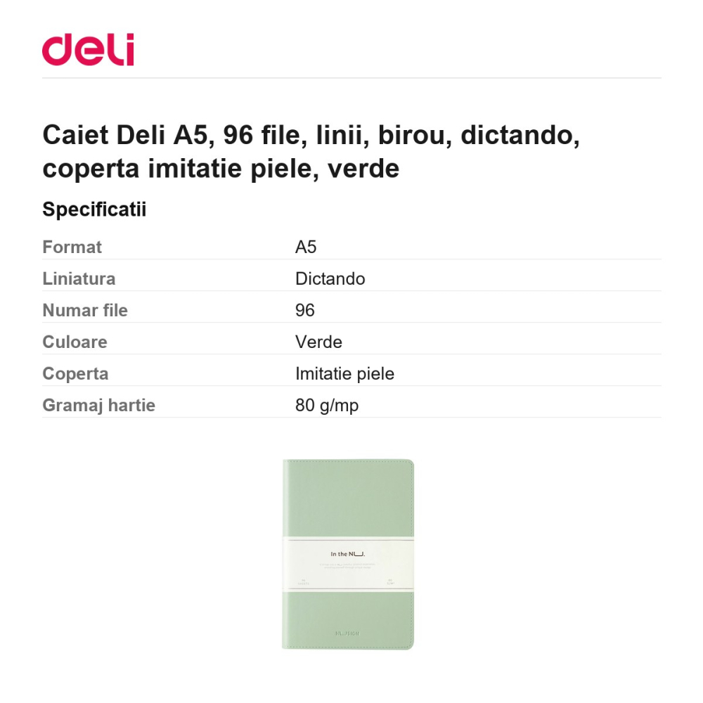 Caiet Deli A5, 96 file, linii, birou, dictando, coperta imitatie piele, verde [3]