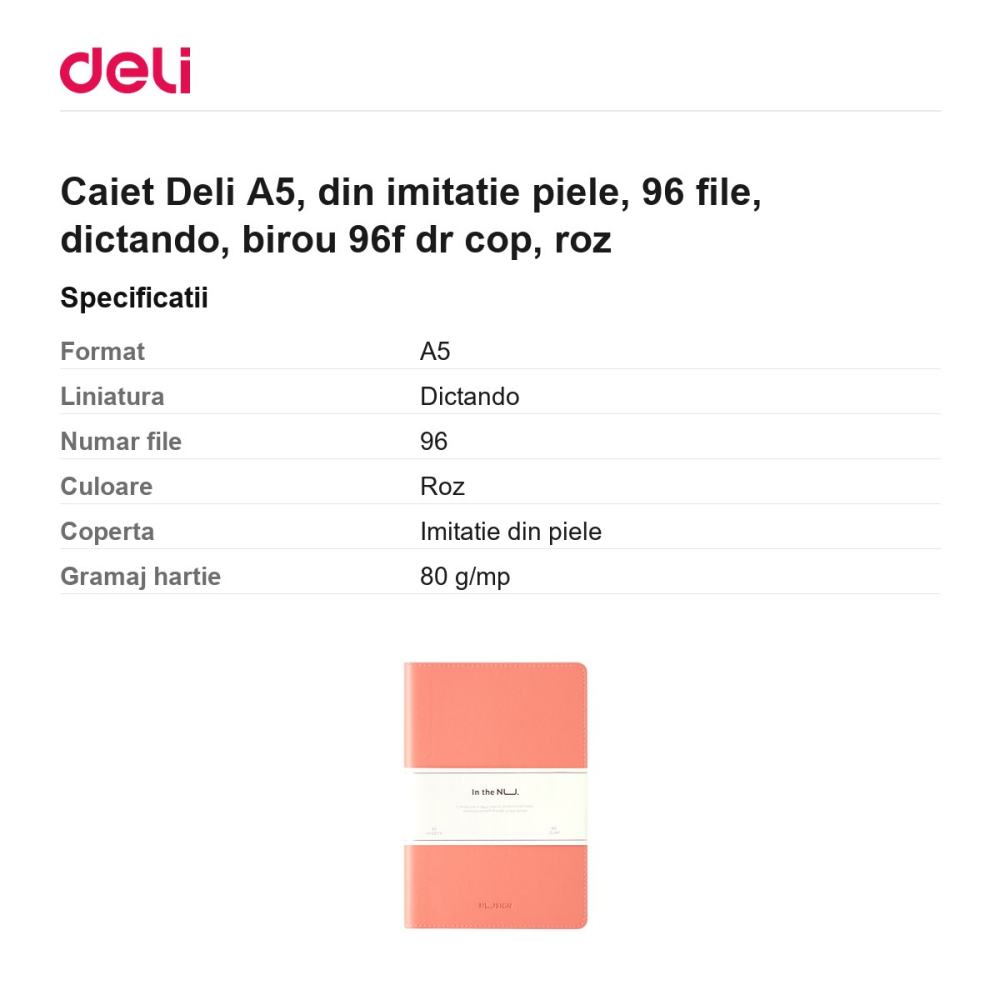 Caiet Deli A5, din imitatie piele, 96 file, dictando, birou 96 file dr cop, roz [3]
