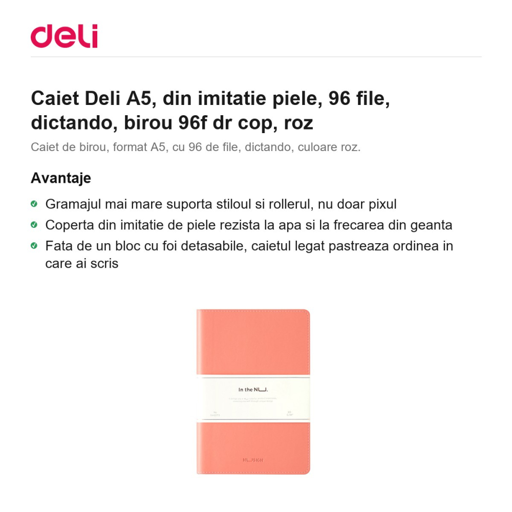 Caiet Deli A5, din imitatie piele, 96 file, dictando, birou 96 file dr cop, roz [2]