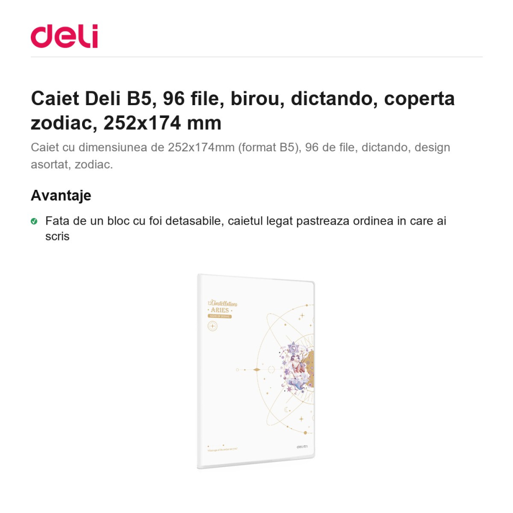 Caiet Deli B5, 96 file, birou, dictando, coperta zodiac, 252x174 mm [2]