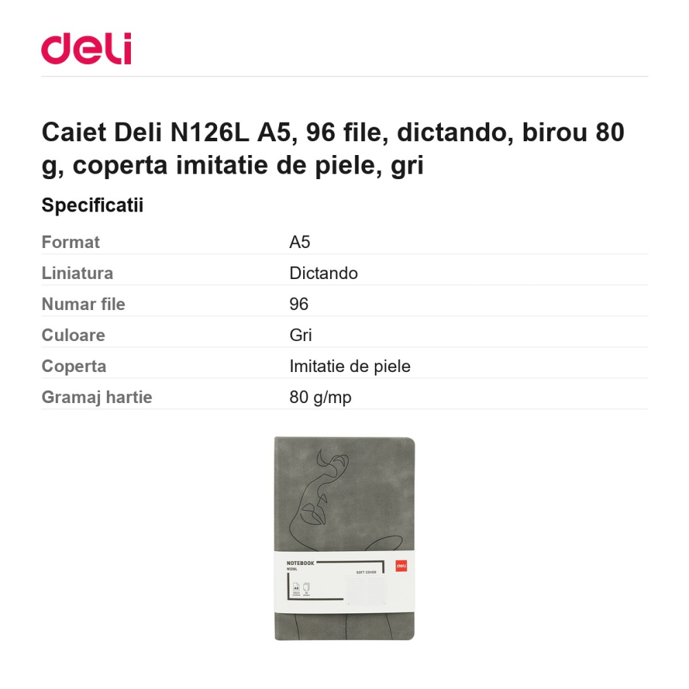 Caiet Deli N126L A5, 96 file, dictando, birou 80 g, coperta imitatie de piele, gri [3]