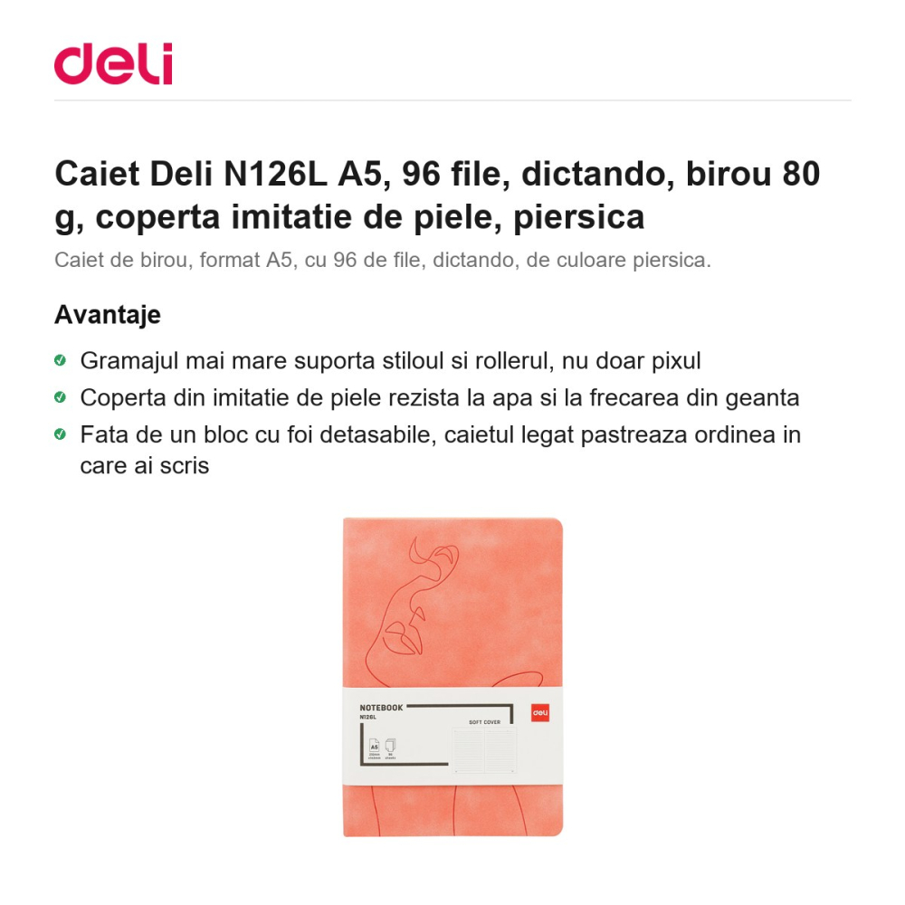 Caiet Deli N126L A5, 96 file, dictando, birou 80 g, coperta imitatie de piele, piersica [2]
