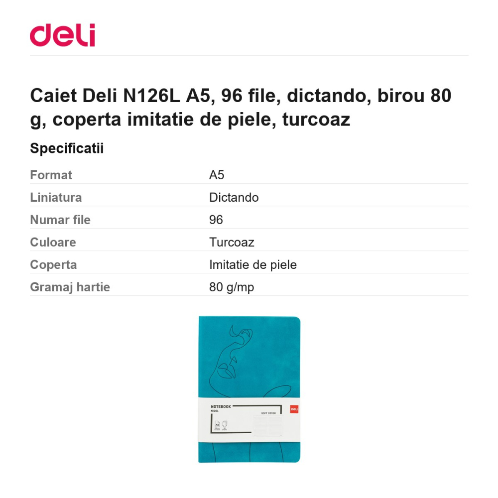 Caiet Deli N126L A5, 96 file, dictando, birou 80 g, coperta imitatie de piele, turcoaz [3]