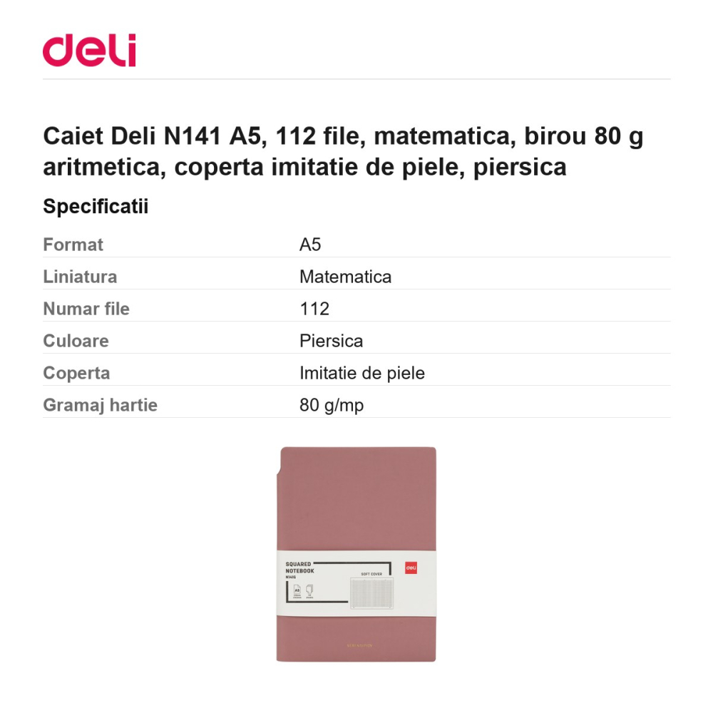 Caiet Deli N141 A5, 112 file, matematica, birou 80 g aritmetica, coperta imitatie de piele, piersica [3]