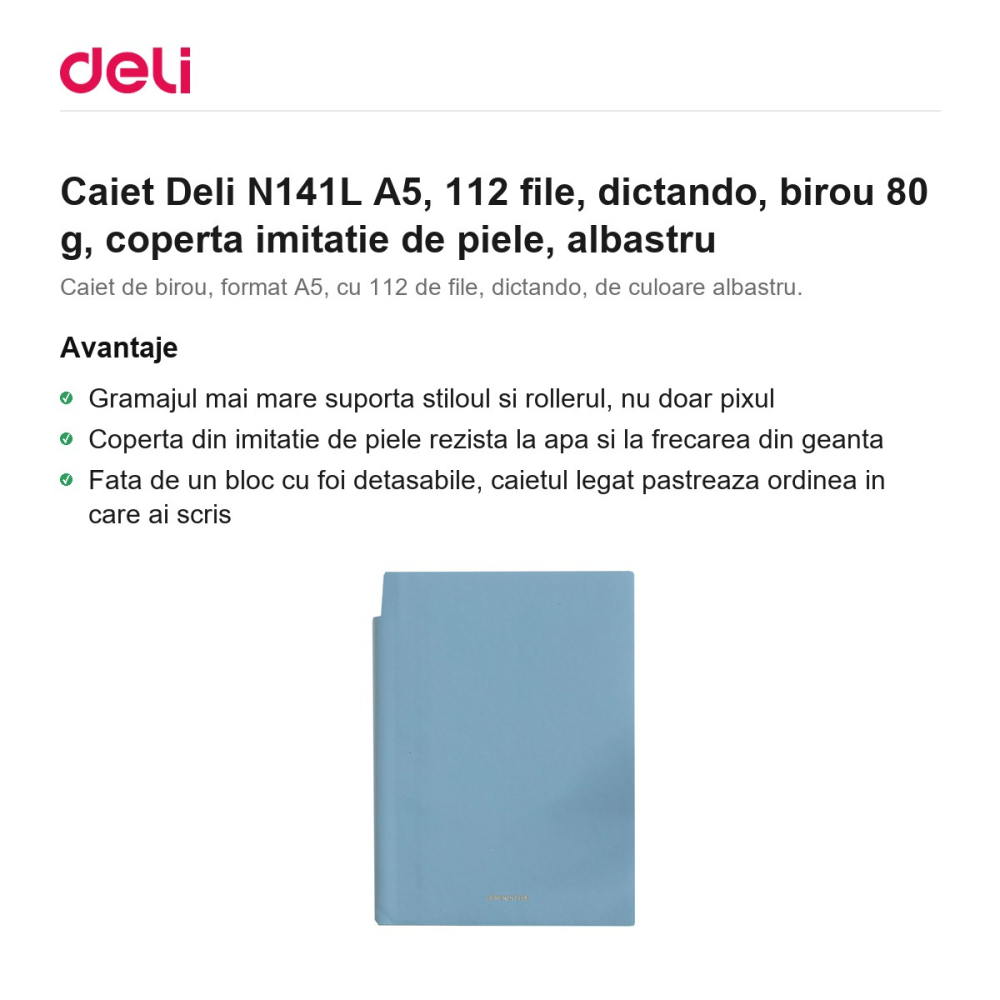 Caiet Deli N141L A5, 112 file, dictando, birou 80 g, coperta imitatie de piele, albastru [2]