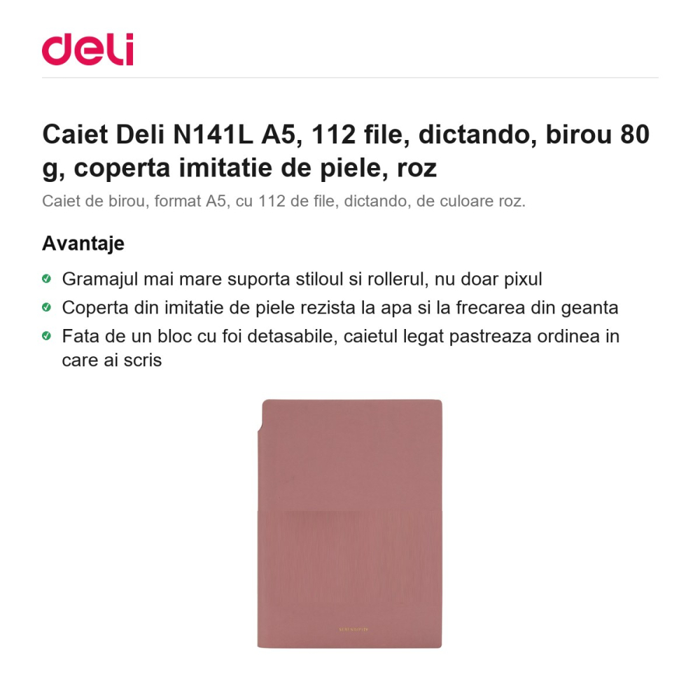 Caiet Deli N141L A5, 112 file, dictando, birou 80 g, coperta imitatie de piele, roz [2]