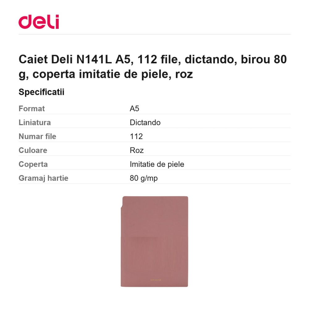 Caiet Deli N141L A5, 112 file, dictando, birou 80 g, coperta imitatie de piele, roz [3]