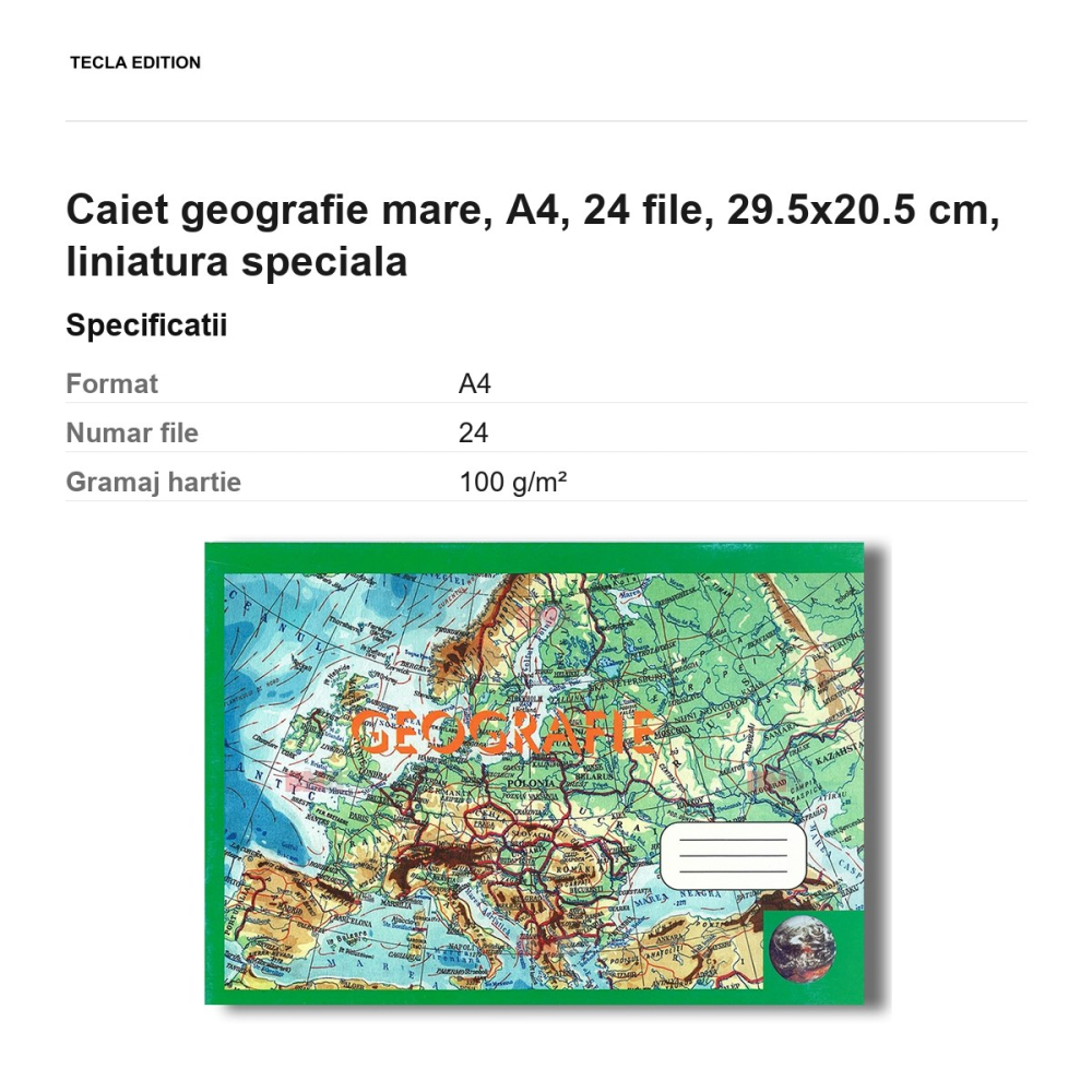 Caiet geografie mare, A4, 24 file, 29.5x20.5 cm, liniatura speciala [3]