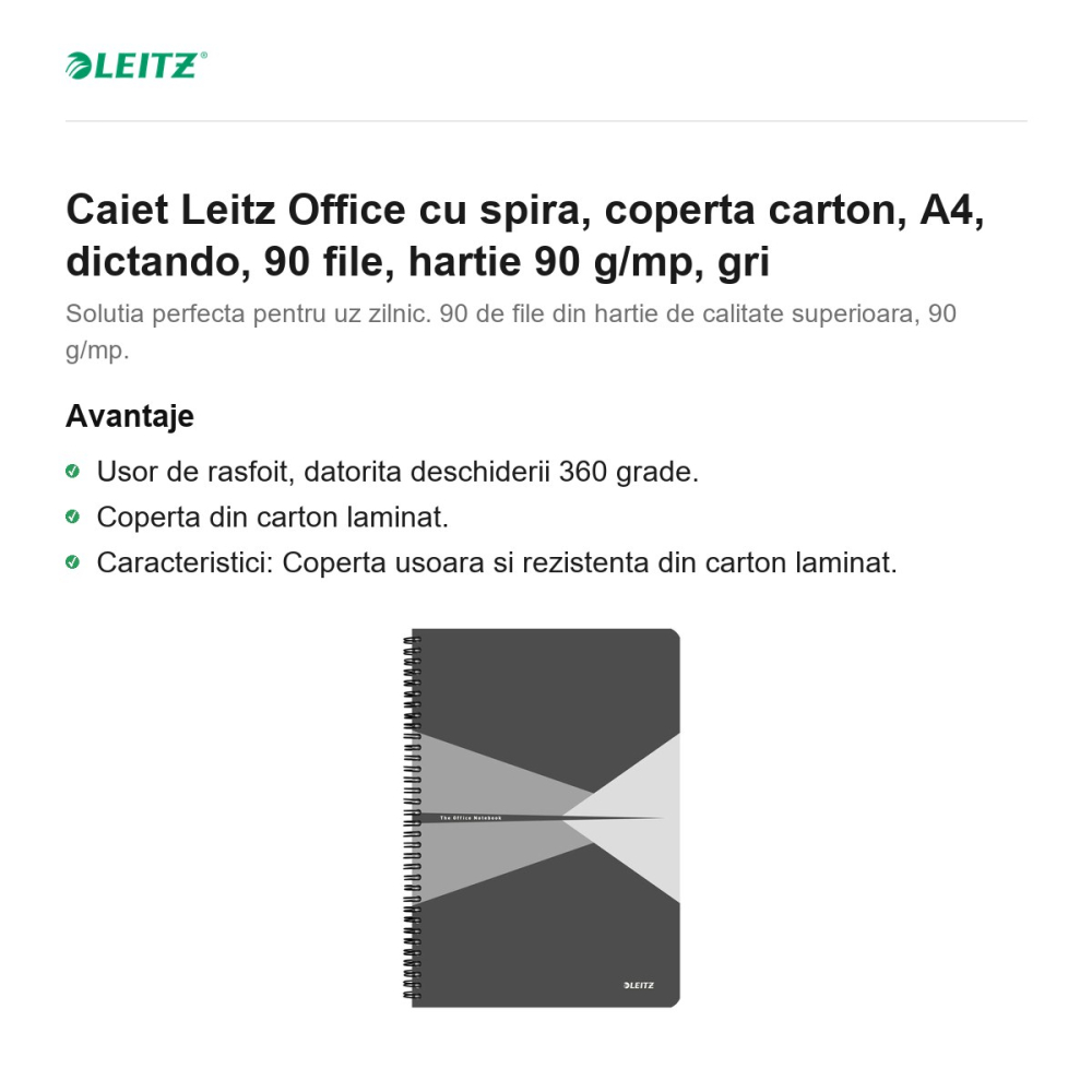 Caiet Leitz Office cu spira, coperta carton, A4, dictando, 90 file, hartie 90 g/mp, gri [2]