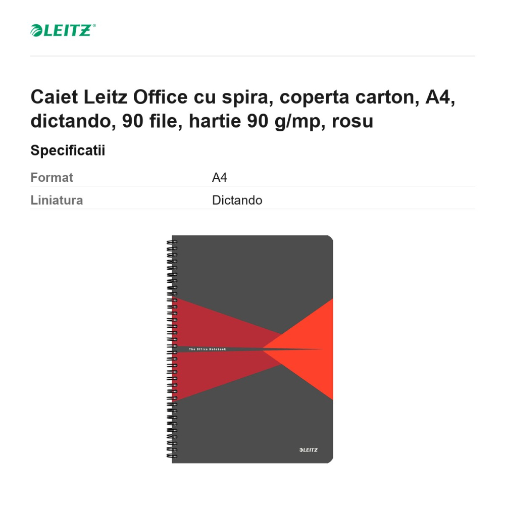 Caiet Leitz Office cu spira, coperta carton, A4, dictando, 90 file, hartie 90 g/mp, rosu [3]
