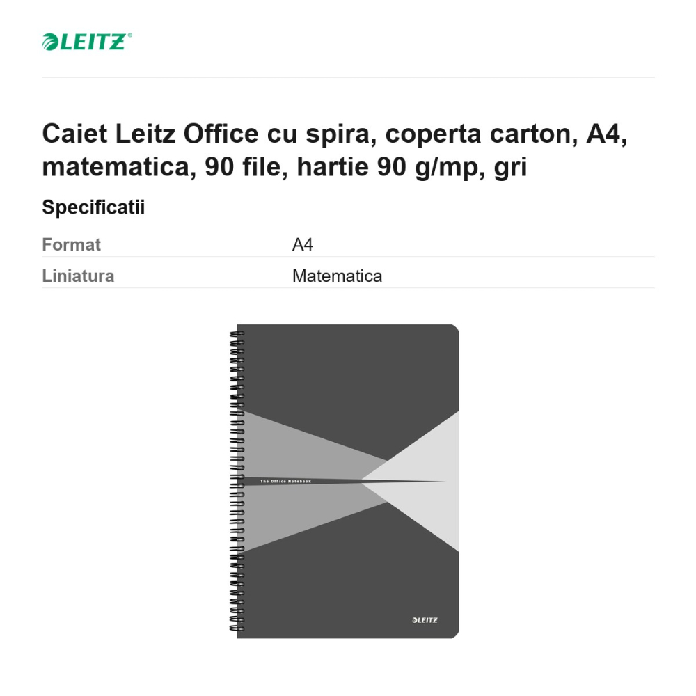 Caiet Leitz Office cu spira, coperta carton, A4, matematica, 90 file, hartie 90 g/mp, gri [3]