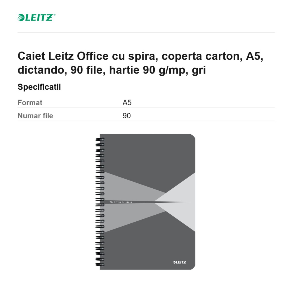 Caiet Leitz Office cu spira, coperta carton, A5, dictando, 90 file, hartie 90 g/mp, gri [3]