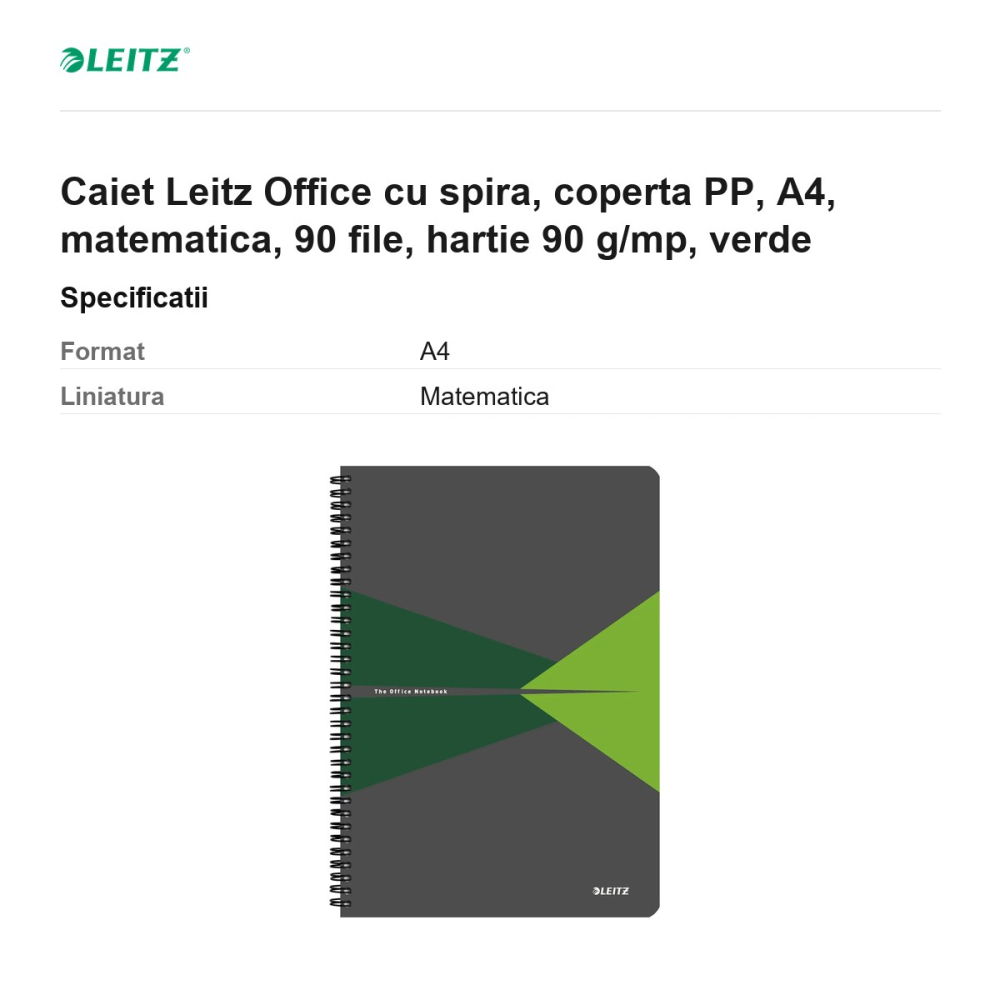 Caiet Leitz Office cu spira, coperta PP, A4, matematica, 90 file, hartie 90 g/mp, verde [3]
