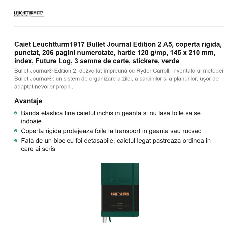 Caiet Leuchtturm1917 Bullet Journal Edition 2 A5, coperta rigida, punctat, 206 pagini numerotate, hartie 120 g/mp, 145 x 210 mm, index, Future Log, 3 semne de carte, stickere, verde [2]