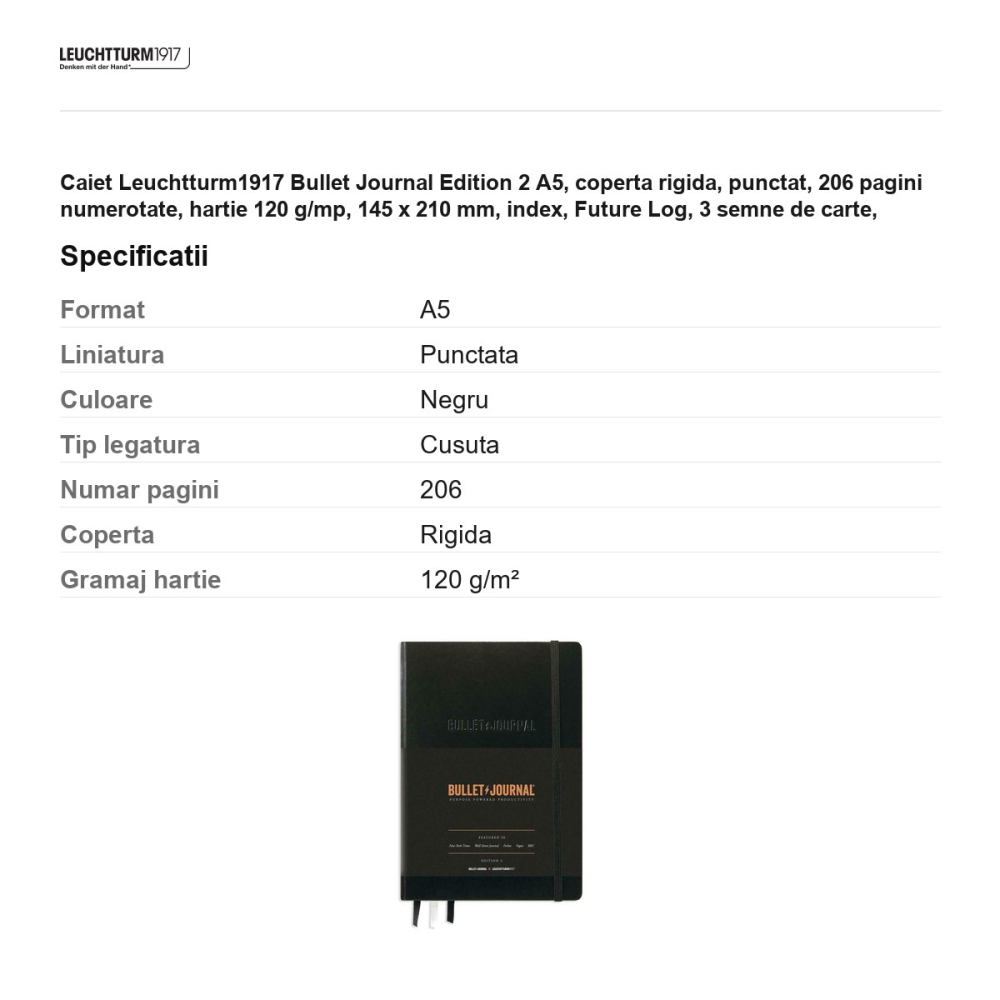 Caiet Leuchtturm1917 Bullet Journal Edition 2 A5, coperta rigida, punctat, 206 pagini numerotate, hartie 120 g/mp, 145 x 210 mm, index, Future Log, 3 semne de carte, stickere, negru [3]