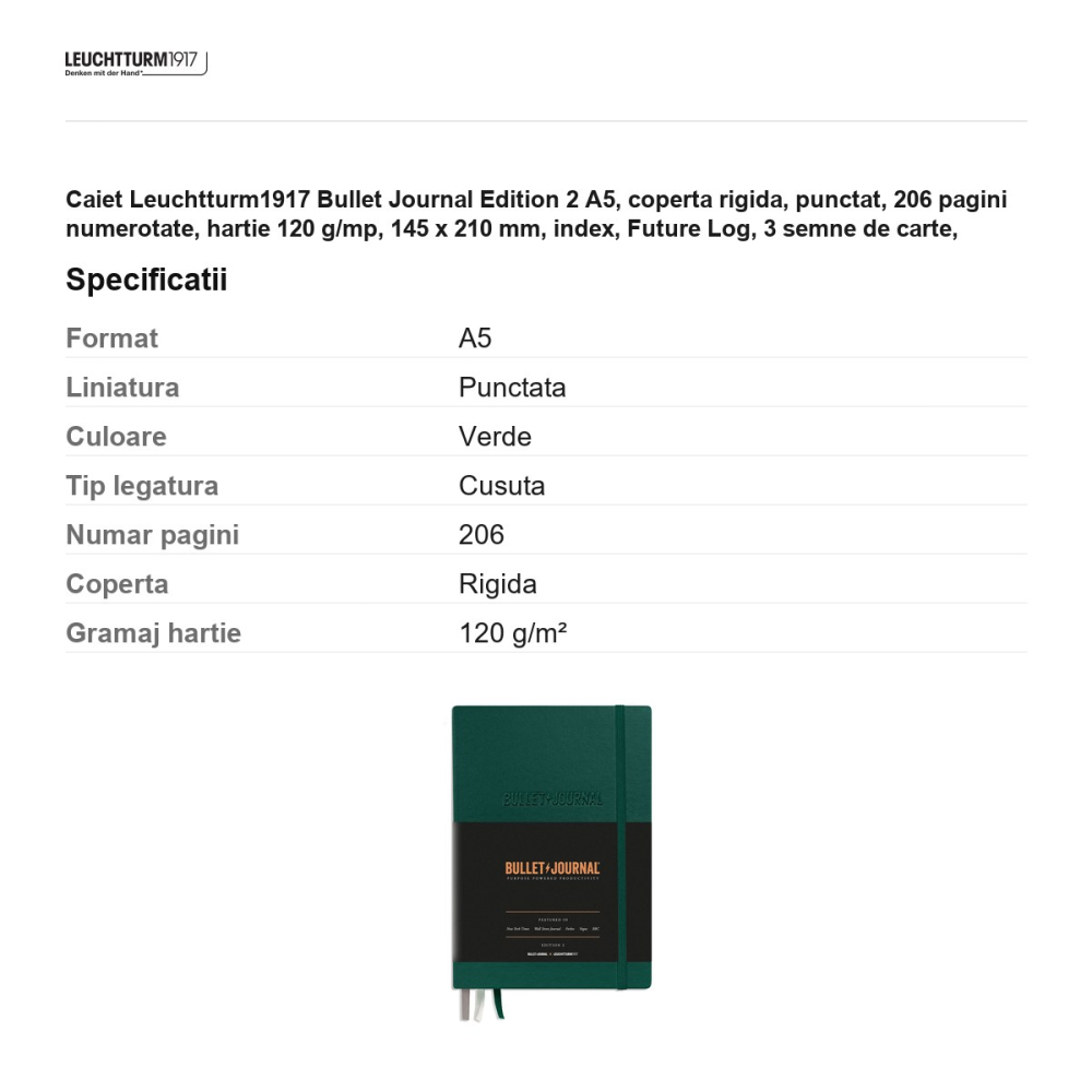 Caiet Leuchtturm1917 Bullet Journal Edition 2 A5, coperta rigida, punctat, 206 pagini numerotate, hartie 120 g/mp, 145 x 210 mm, index, Future Log, 3 semne de carte, stickere, verde [3]