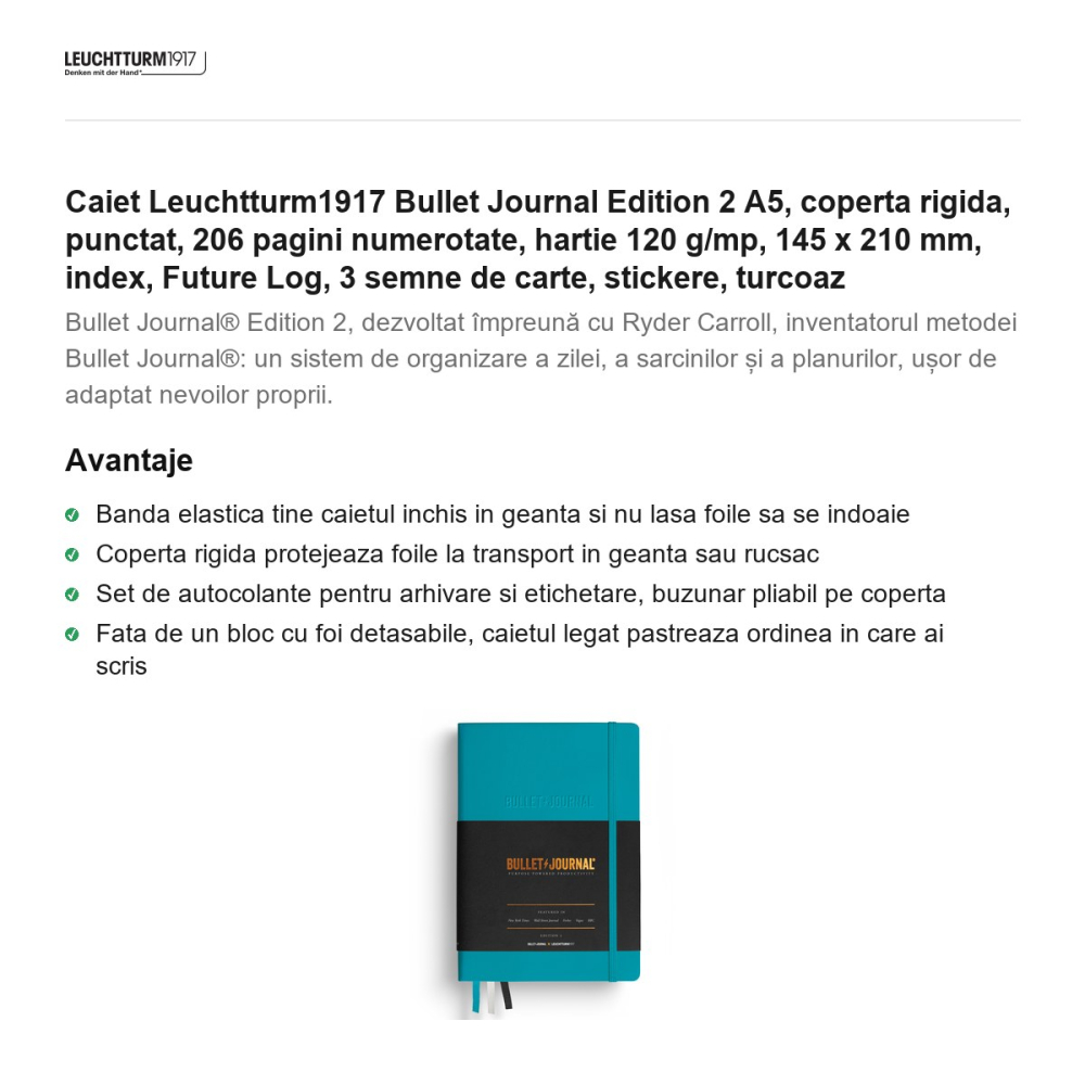 Caiet Leuchtturm1917 Bullet Journal Edition 2 A5, coperta rigida, punctat, 206 pagini numerotate, hartie 120 g/mp, 145 x 210 mm, index, Future Log, 3 semne de carte, stickere, turcoaz [2]