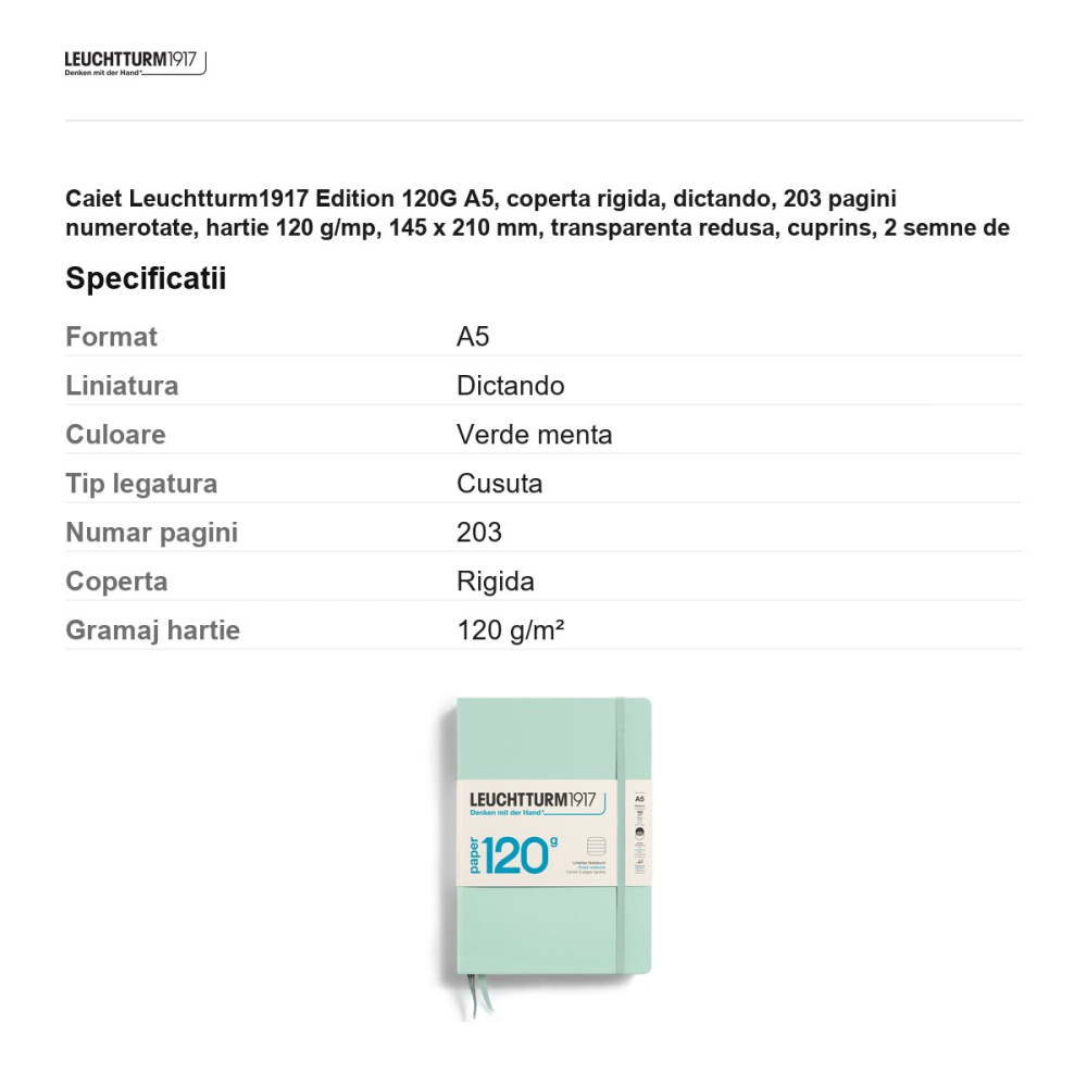 Caiet Leuchtturm1917 Edition 120G A5, coperta rigida, dictando, 203 pagini numerotate, hartie 120 g/mp, 145 x 210 mm, transparenta redusa, cuprins, 2 semne de carte, elastic, verde menta [3]