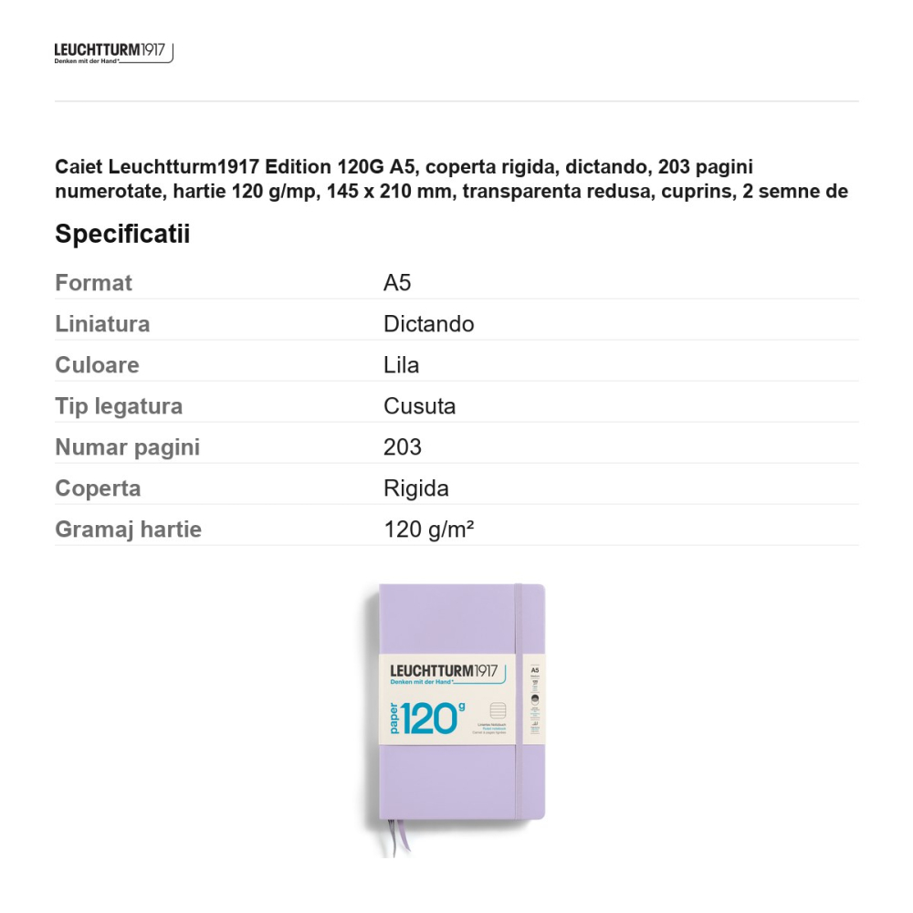 Caiet Leuchtturm1917 Edition 120G A5, coperta rigida, dictando, 203 pagini numerotate, hartie 120 g/mp, 145 x 210 mm, transparenta redusa, cuprins, 2 semne de carte, elastic, lila [3]