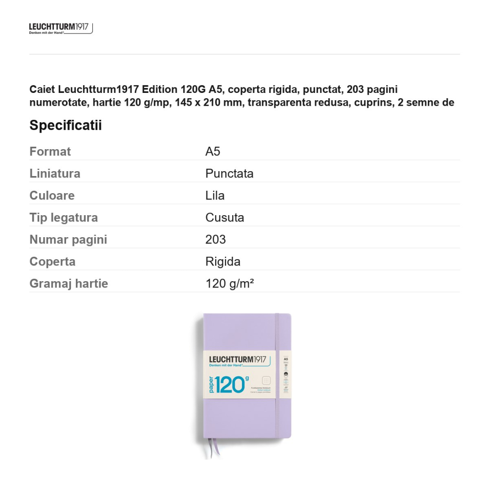 Caiet Leuchtturm1917 Edition 120G A5, coperta rigida, punctat, 203 pagini numerotate, hartie 120 g/mp, 145 x 210 mm, transparenta redusa, cuprins, 2 semne de carte, elastic, lila [3]
