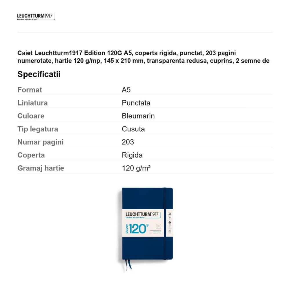 Caiet Leuchtturm1917 Edition 120G A5, coperta rigida, punctat, 203 pagini numerotate, hartie 120 g/mp, 145 x 210 mm, transparenta redusa, cuprins, 2 semne de carte, elastic, albastru navy [3]