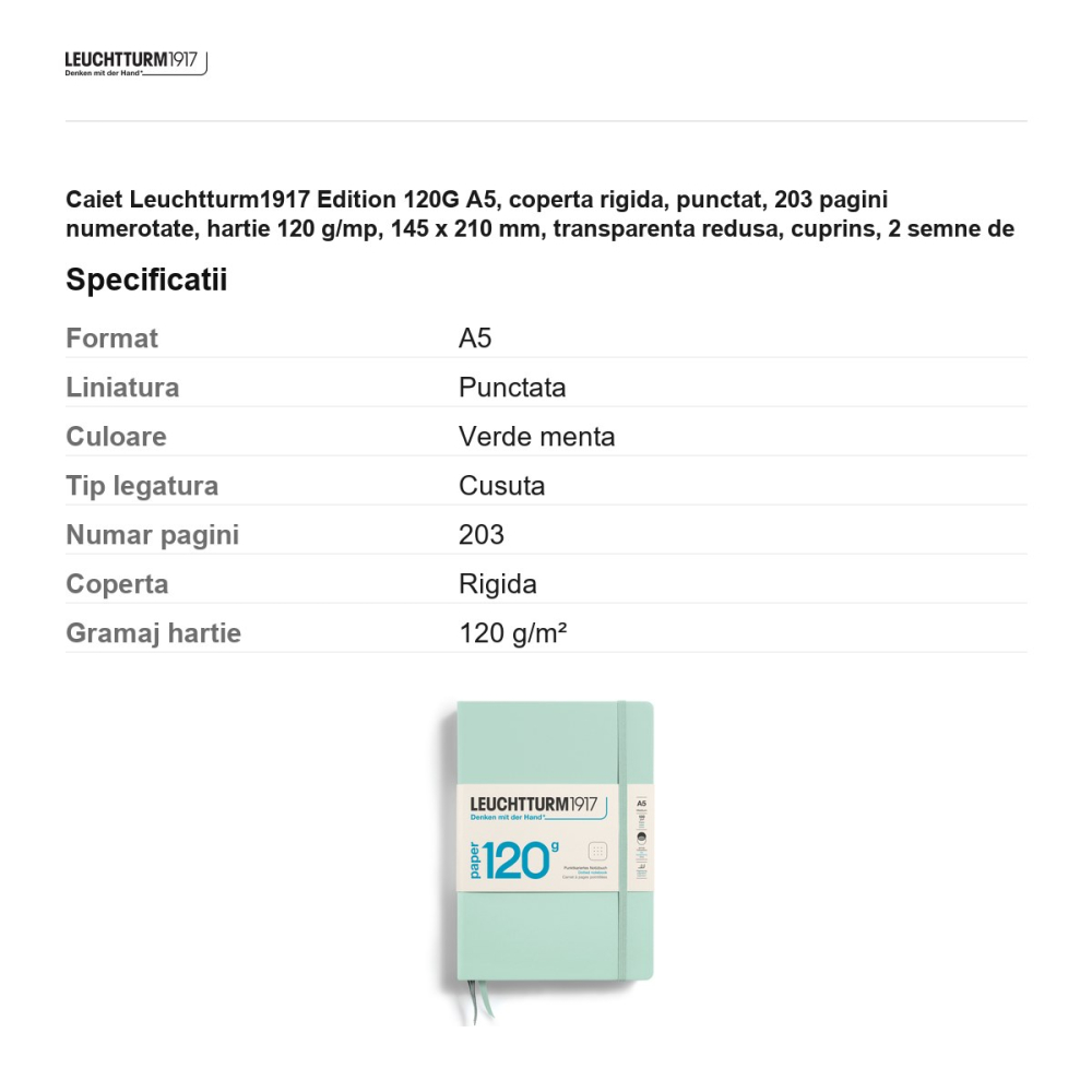 Caiet Leuchtturm1917 Edition 120G A5, coperta rigida, punctat, 203 pagini numerotate, hartie 120 g/mp, 145 x 210 mm, transparenta redusa, cuprins, 2 semne de carte, elastic, verde menta [3]