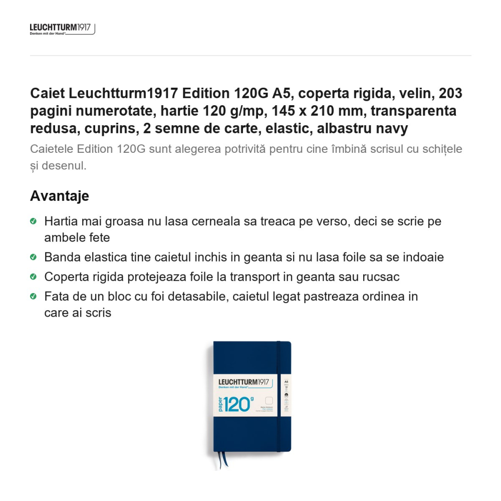 Caiet Leuchtturm1917 Edition 120G A5, coperta rigida, velin, 203 pagini numerotate, hartie 120 g/mp, 145 x 210 mm, transparenta redusa, cuprins, 2 semne de carte, elastic, albastru navy [2]