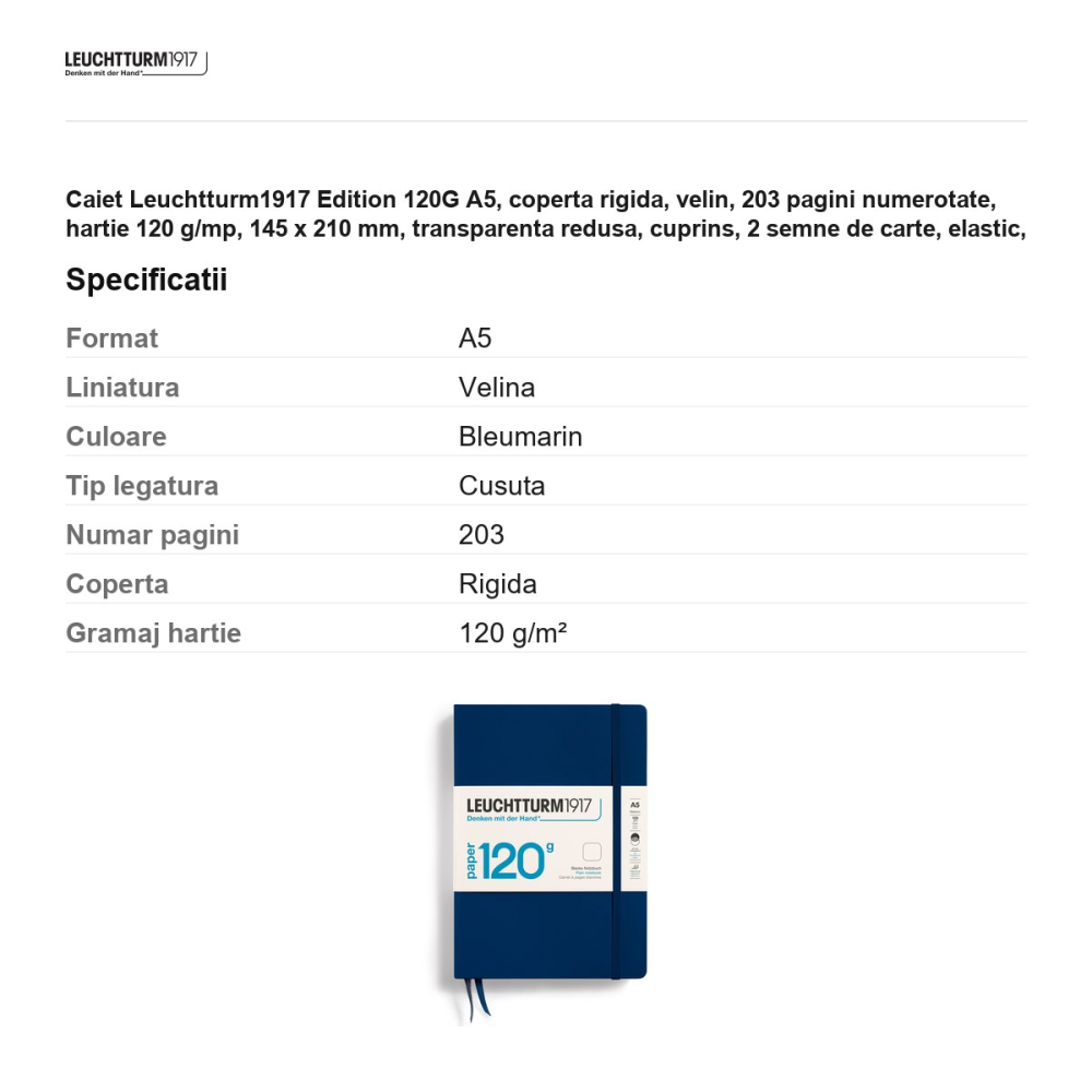Caiet Leuchtturm1917 Edition 120G A5, coperta rigida, velin, 203 pagini numerotate, hartie 120 g/mp, 145 x 210 mm, transparenta redusa, cuprins, 2 semne de carte, elastic, albastru navy [3]