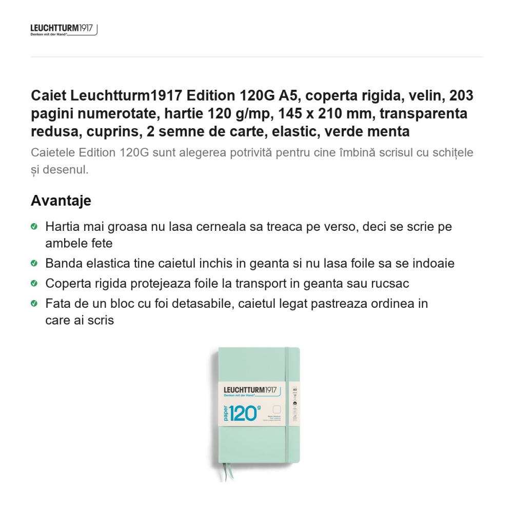 Caiet Leuchtturm1917 Edition 120G A5, coperta rigida, velin, 203 pagini numerotate, hartie 120 g/mp, 145 x 210 mm, transparenta redusa, cuprins, 2 semne de carte, elastic, verde menta [2]