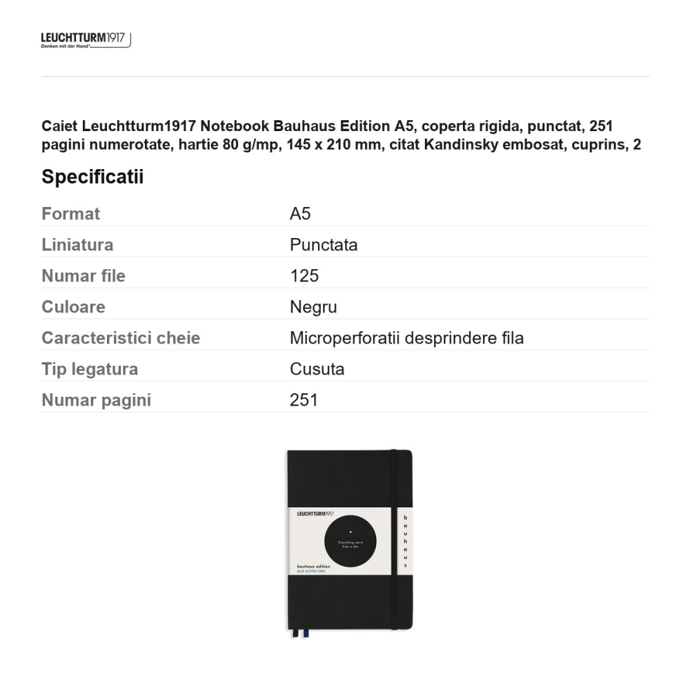Caiet Leuchtturm1917 Notebook Bauhaus Edition A5, coperta rigida, punctat, 251 pagini numerotate, hartie 80 g/mp, 145 x 210 mm, citat Kandinsky embosat, cuprins, 2 semne de carte, negru [3]