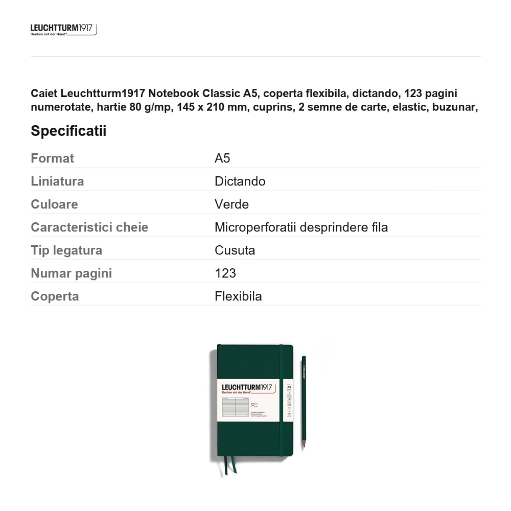 Caiet Leuchtturm1917 Notebook Classic A5, coperta flexibila, dictando, 123 pagini numerotate, hartie 80 g/mp, 145 x 210 mm, cuprins, 2 semne de carte, elastic, buzunar, verde padure [3]