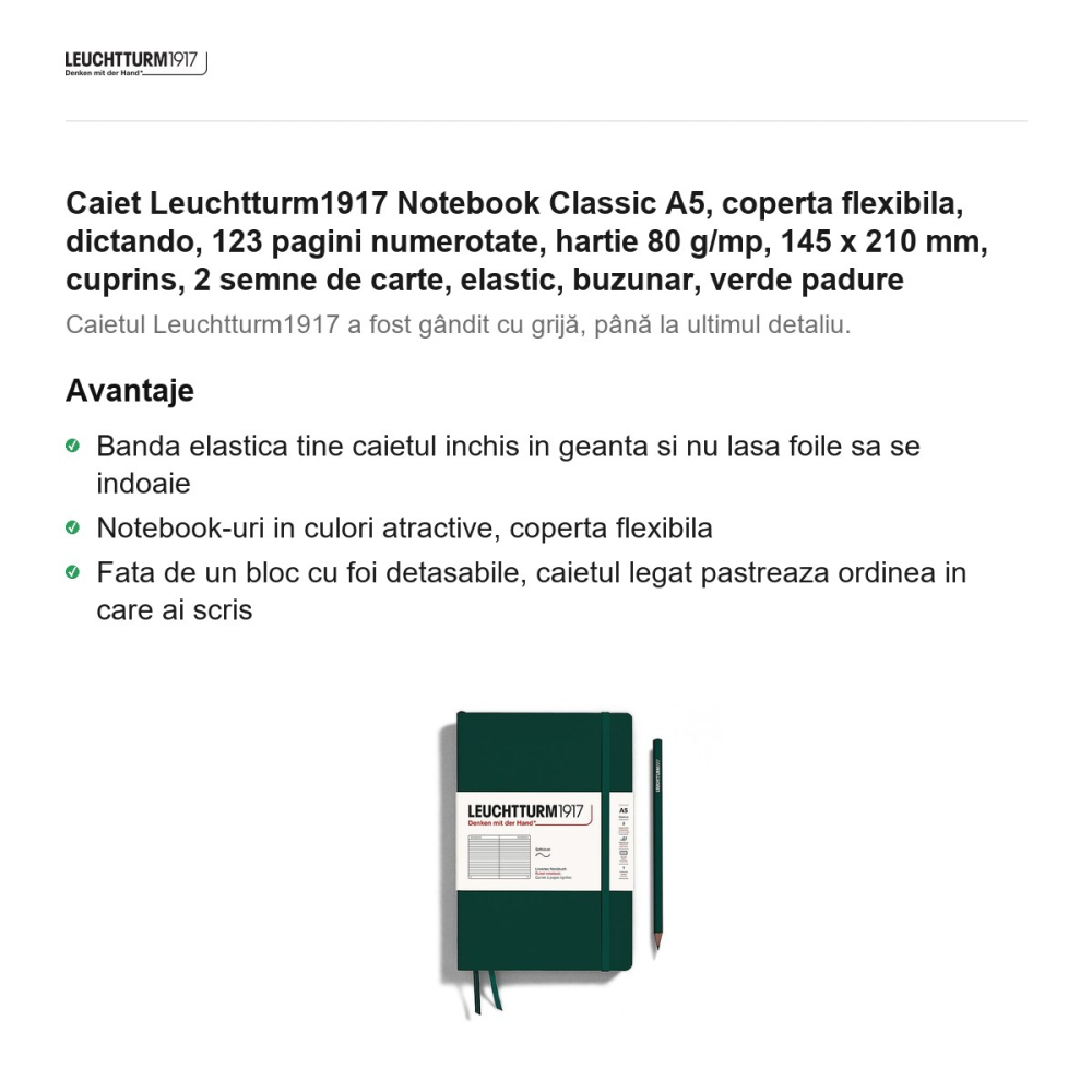 Caiet Leuchtturm1917 Notebook Classic A5, coperta flexibila, dictando, 123 pagini numerotate, hartie 80 g/mp, 145 x 210 mm, cuprins, 2 semne de carte, elastic, buzunar, verde padure [2]