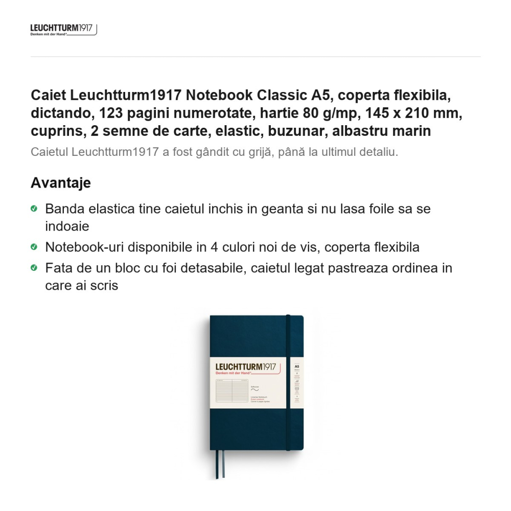 Caiet Leuchtturm1917 Notebook Classic A5, coperta flexibila, dictando, 123 pagini numerotate, hartie 80 g/mp, 145 x 210 mm, cuprins, 2 semne de carte, elastic, buzunar, albastru marin [2]