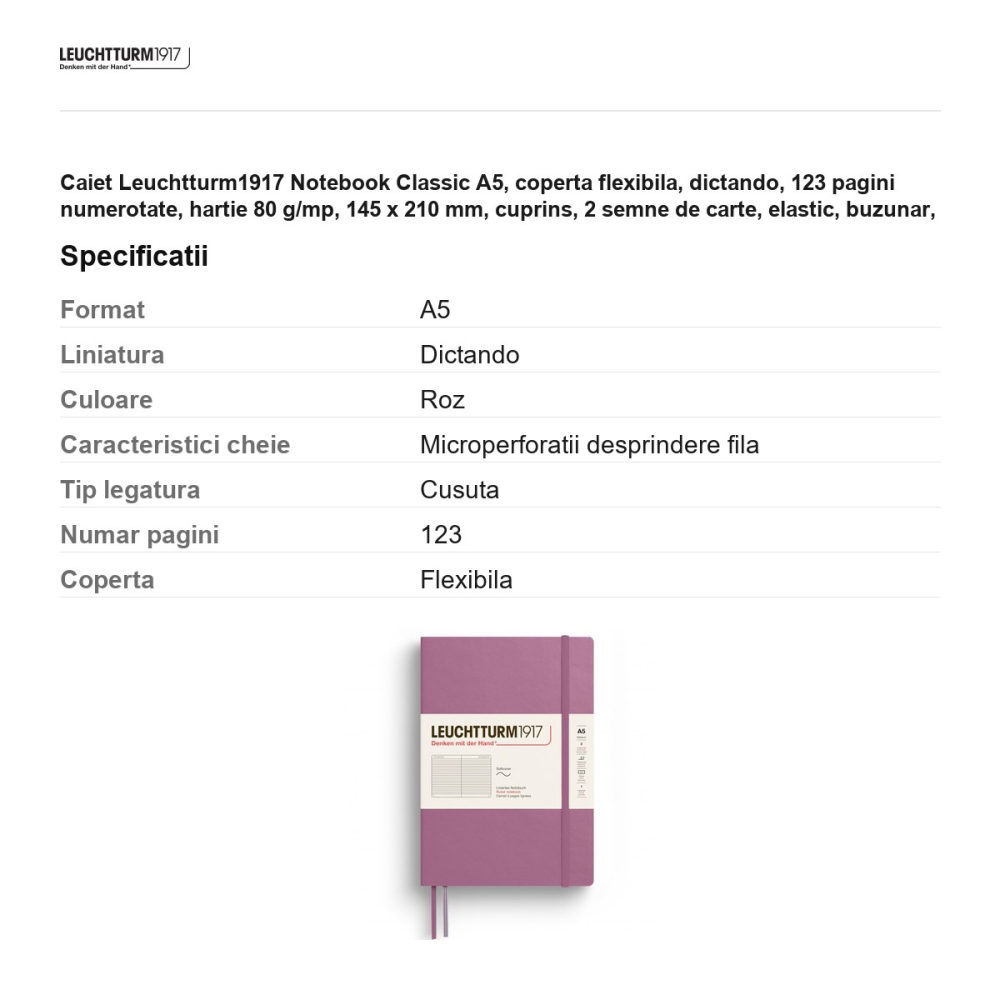 Caiet Leuchtturm1917 Notebook Classic A5, coperta flexibila, dictando, 123 pagini numerotate, hartie 80 g/mp, 145 x 210 mm, cuprins, 2 semne de carte, elastic, buzunar, dusty rose [3]