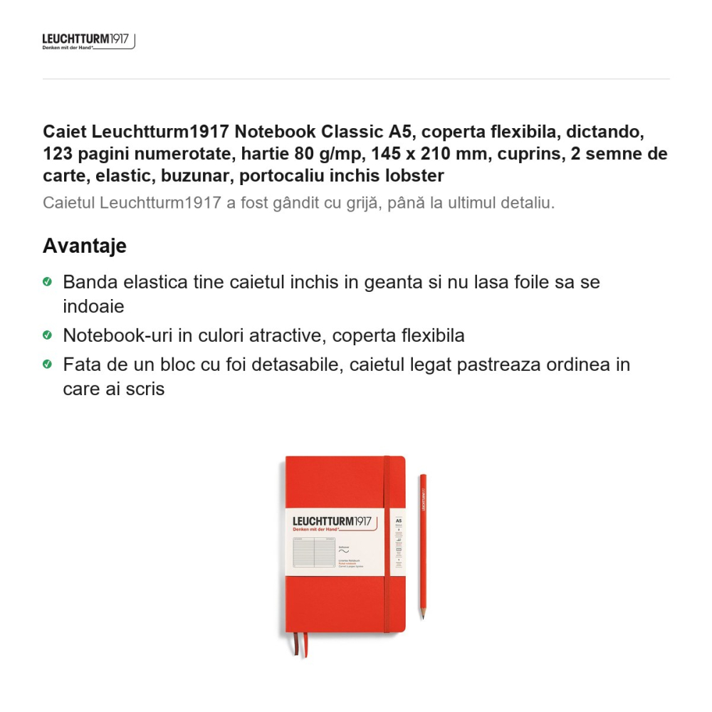 Caiet Leuchtturm1917 Notebook Classic A5, coperta flexibila, dictando, 123 pagini numerotate, hartie 80 g/mp, 145 x 210 mm, cuprins, 2 semne de carte, elastic, buzunar, portocaliu inchis lobster [2]