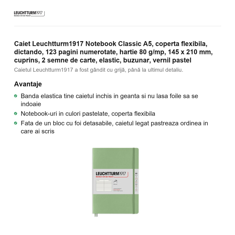 Caiet Leuchtturm1917 Notebook Classic A5, coperta flexibila, dictando, 123 pagini numerotate, hartie 80 g/mp, 145 x 210 mm, cuprins, 2 semne de carte, elastic, buzunar, vernil pastel [2]