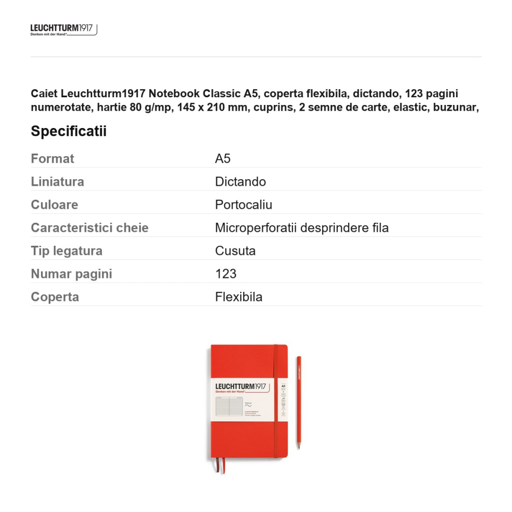 Caiet Leuchtturm1917 Notebook Classic A5, coperta flexibila, dictando, 123 pagini numerotate, hartie 80 g/mp, 145 x 210 mm, cuprins, 2 semne de carte, elastic, buzunar, portocaliu inchis lobster [3]