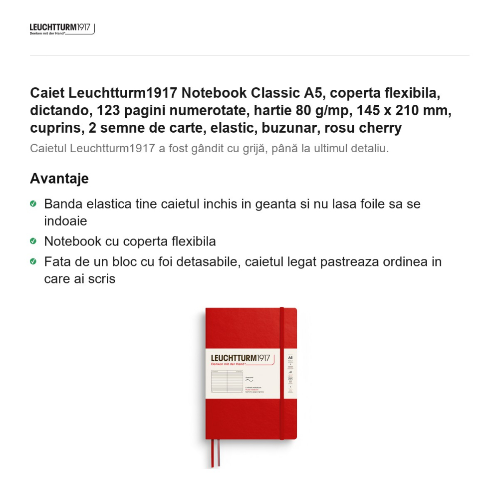 Caiet Leuchtturm1917 Notebook Classic A5, coperta flexibila, dictando, 123 pagini numerotate, hartie 80 g/mp, 145 x 210 mm, cuprins, 2 semne de carte, elastic, buzunar, rosu cherry [2]