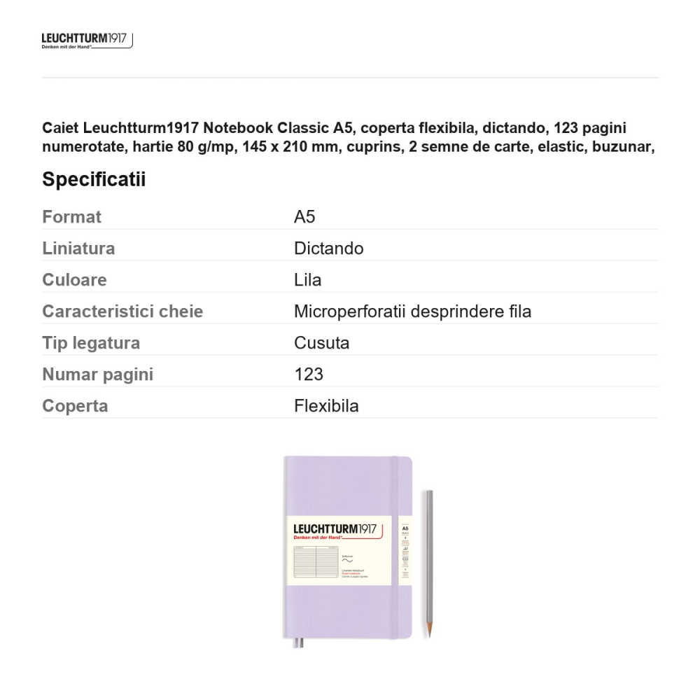 Caiet Leuchtturm1917 Notebook Classic A5, coperta flexibila, dictando, 123 pagini numerotate, hartie 80 g/mp, 145 x 210 mm, cuprins, 2 semne de carte, elastic, buzunar, lila [3]
